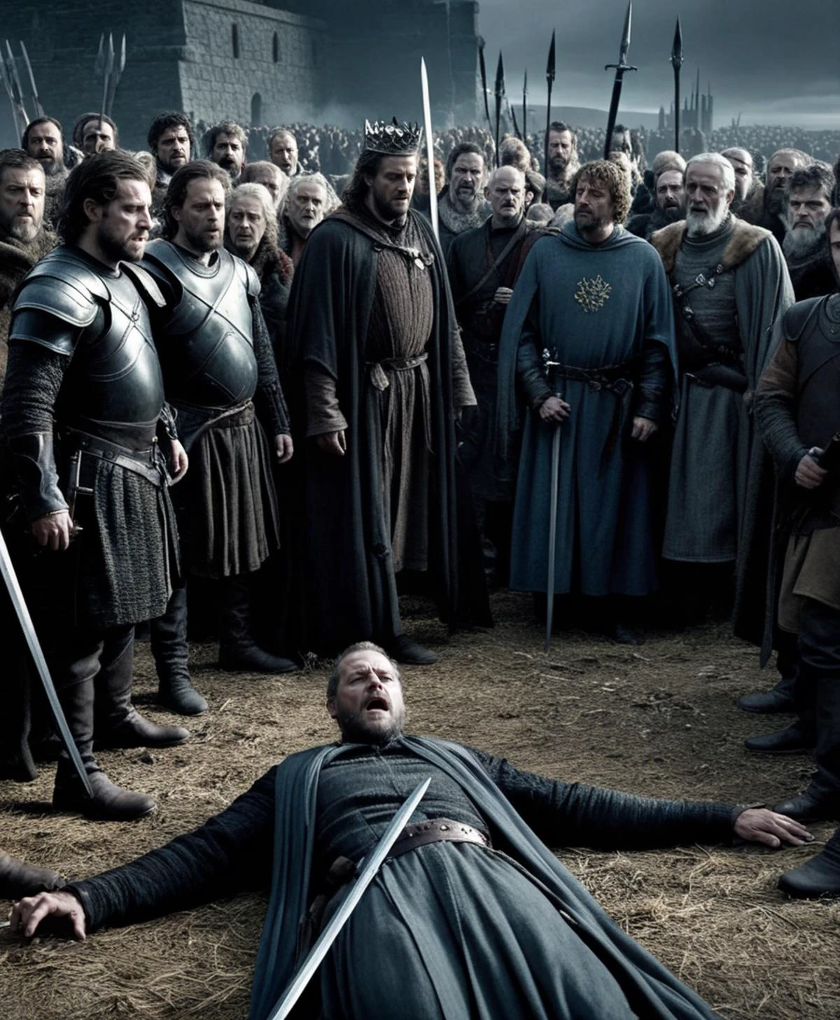 game of thrones, fake movie screencap, RAW, The image shows a scene from a movie or TV show where a man is lying on the floor, he wearing a crown, and appears to be dead. He is surrounded by a group of people, with some standing close to him and others further away. A sword can be seen in the scene, placed near the center of the image. The overall atmosphere of the scene suggests a dramatic or intense moment. collapsing, beautiful screenshot
