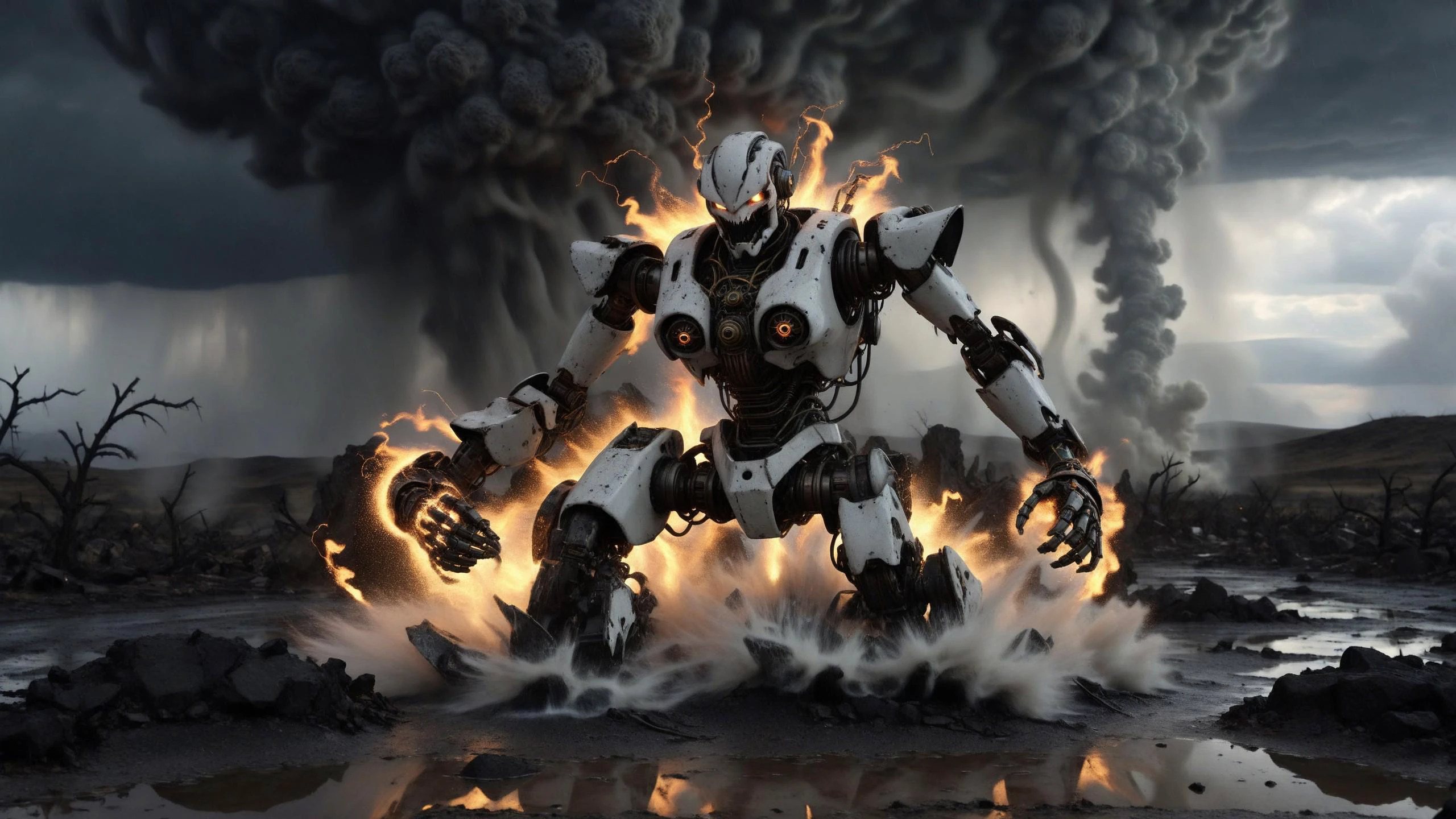 white-toned side view of flaming burning punk robot racing through puddles in a decrepit hilly wasteland, (motion blur), intricate black and brass ebru details, exploding mines, mammatocumulus clouds, violent epic storm, tornado in the background, billowing smoke, torrential rain, very detailed, granite boulders <lora:SDXL_Black_Sa_May:0.75>, crows