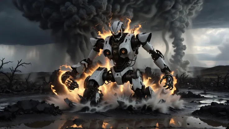 white-toned side view of flaming burning punk robot racing through puddles in a decrepit hilly wasteland, (motion blur), intricate black and brass ebru details, exploding mines, mammatocumulus clouds, violent epic storm,  tornado in the background, billowing smoke, torrential rain, very detailed, granite boulders <lora:SDXL_Black_Sa_May:0.75>, crows