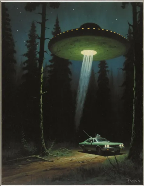 <lora:dmd2_sdxl_4step_lora_fp16:1>
oil painting, oil on canvas, by frank frazetta
A ufo is parked in a dark forest giving off a light