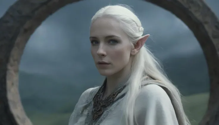 Cinematic Film Still, Movie Still from Lord of The Rings, Breathtakingly beautiful High Elf woman, elf ears, flowing white hair, vibrant blue eyes, pale skin, [light freckles], detailed skin texture, soft white tunic, leather belt, brown leather pants, elven amulet, elegant, looking at view, detailed facial features, complex scene, swirling portal of vivid colors open in the sky above, stormy weather, dramatic, cinematic lighting, centered, fantasy \(setting\), atmospheric, harmonious, soft focus, (extremely detailed), film grain, emotional, grainy, cowboy shot