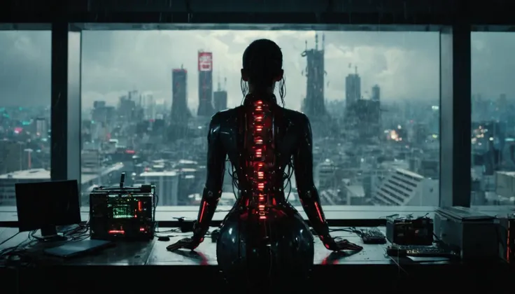 Cinematic Film Still, (movie still) From From Akira, corporate female cyborg, made of mechanical parts, beautiful, cybernetic augmentations, wires, silicone, half machine, exposed components, mechanical eyes, emotional scene, dramatic, booty,
indoors, inside high-tech cyberpunk high-rise corporate office, tall glass windows, cyberpunk Tokyo cityscape, raining outside, soft red ambient lighting, cinematic contrast,  moody, [evil], Arasaka \(corporation\), corpo, dynamic shadows, cowboy shot, harmonious, film grain, extremely detailed, from behind