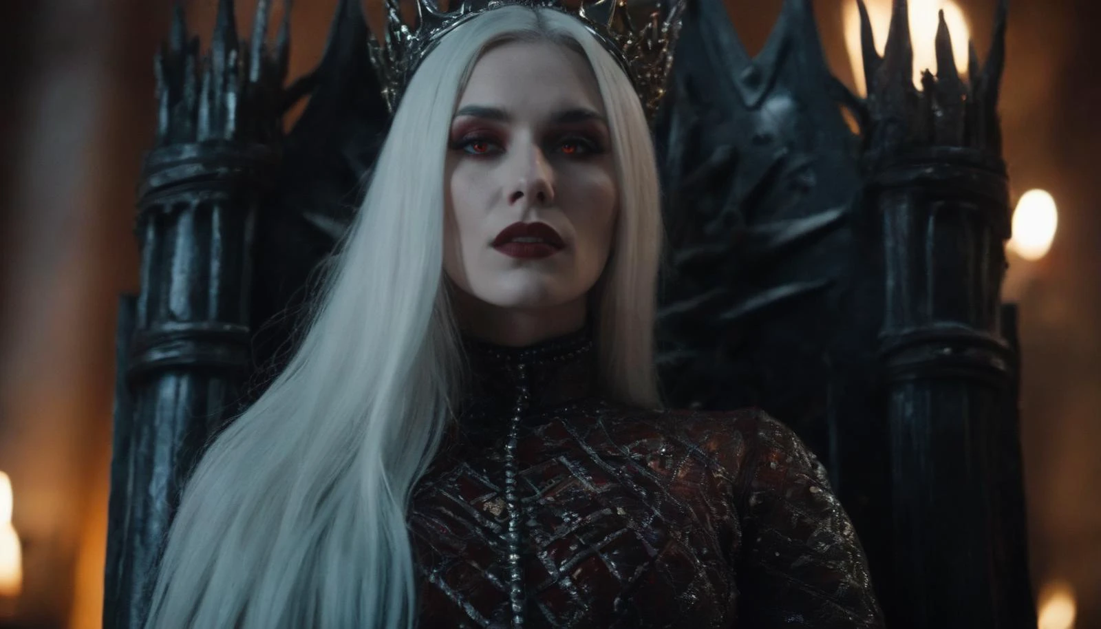 Cinematic Film Still, (movie still) from Game of Thrones, seductive royal vampire female, clothed, sitting on a gothic style throne, luxurious grimdark castle, pale skin, detailed facial features, (fangs), amber red eyes, succubus, detailed skin texture, white hair,
shallow depth of field, cinematic lighting, extremely detailed, centered, epic, cool color temperature, cold, bokeh, HDR, 8k resolution, film grain, looking at viewer