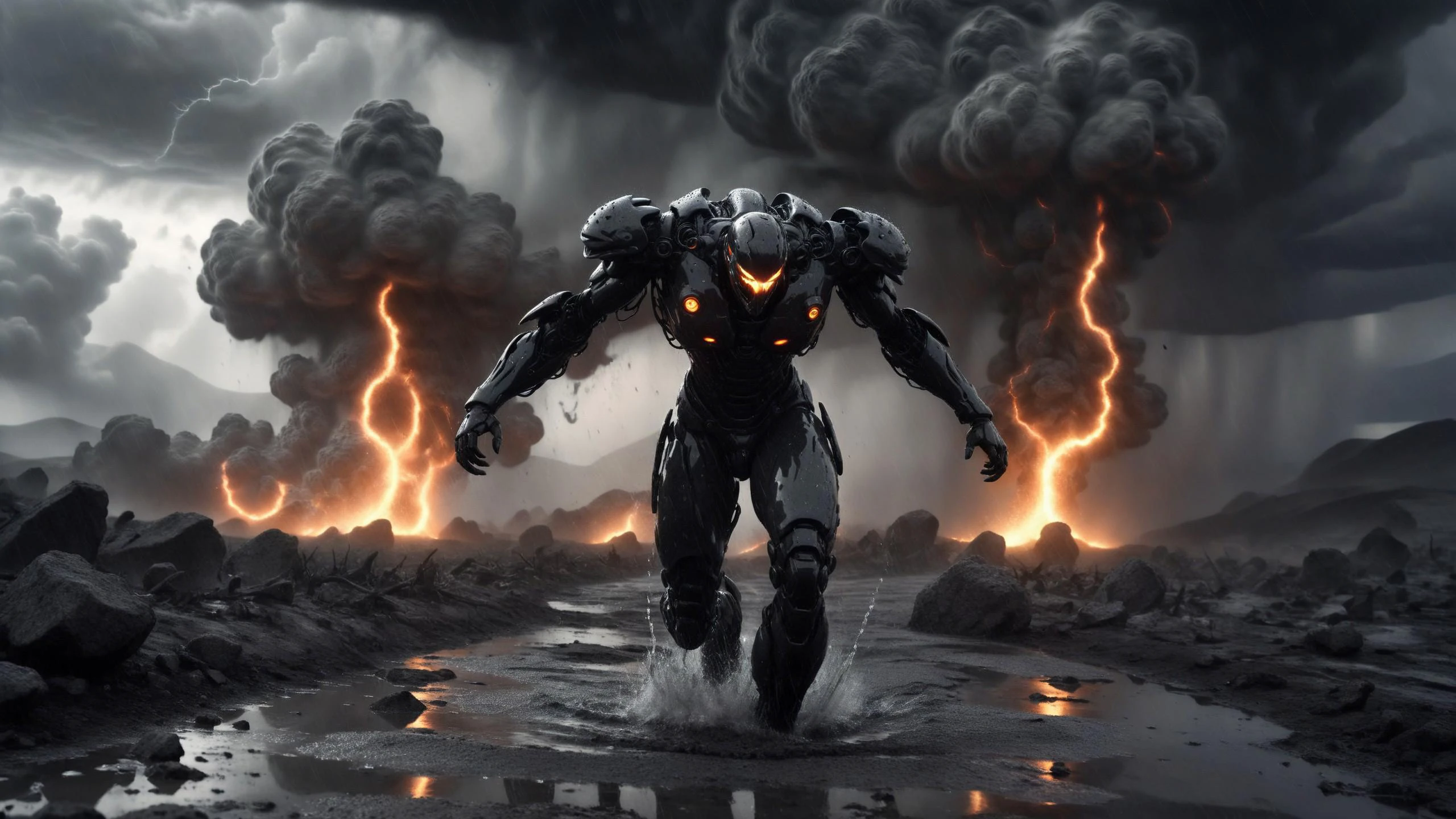 white-toned motion blur view of flaming burning futuristic cyborg racing through puddles in a apocalyptic hilly wasteland, intricate black and grey and white reticulated details, exploding bombs, mammatocumulus clouds, violent epic storm, tornado in the background, billowing smoke, poor visibility, torrential rain, very detailed, granite boulders <lora:SDXL_Black_Sa_May:0.75>, crows