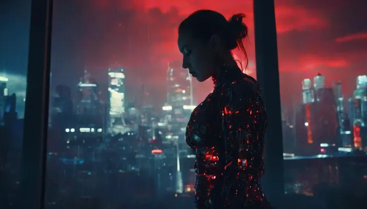 Cinematic Film Still, ( still) From ex machina, corporate cyborg woman, made of mechanical parts, beautiful, cybernetic augmentations, wires, silicone, half machine, emotional scene, dramatic,
indoors, inside high-tech cyberpunk high-rise corporate office, tall glass windows, cyberpunk cityscape, raining outside, soft red ambient lighting, cinematic contrast,  moody, [evil], corpo, dynamic shadows, harmonious, film grain, extremely detailed, dynamic angle