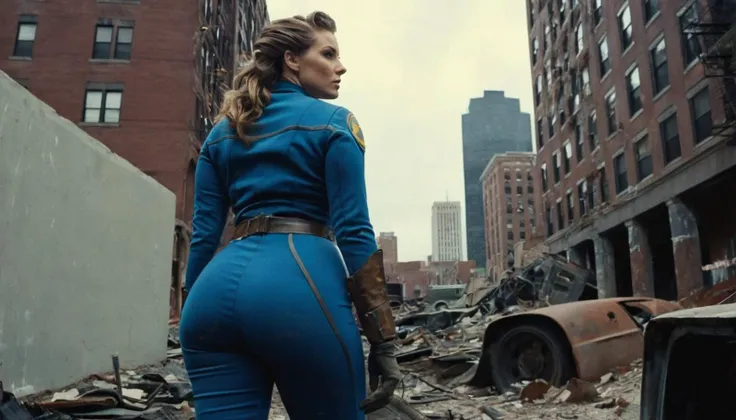 Cinematic Film Still, Movie Still From Fallout Live Action Adaptation, Atom punk \(aesthetic\), beautiful woman, tight-fitting blue vault suit, dystopian, downtown boston, ruble, decay, solo, dramatic, cinematic lighting, muted colors, light brown hair, 1950s hairstyle, big ass, from behind, looking back, blue eyes, 
(extremely detailed), detailed skin texture, [imperfect skin], 35mm, film grain, emotional, isolation, grainy, post apocalyptic, gritty, low angle shot