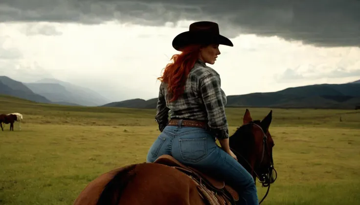 Cinematic Film Still, Movie still from an old western, 25yo Irish Immigrant woman, pale skin, beautiful red hair, [[light freckles]], (riding a horse), open pasture, breathtaking scenery, gritty, cowboy hat, flannel shirt, denim jeans, large ample breasts, [wide hips], thighs, The woman has a big perfect ass, ð, dramatic, stormy weather, crepuscular rays, overcast, extremely detailed, cinematic lighting, shadows, ISO 1000, F/2.4, soft focus, rear angle, wide-angle, grainy, film grain, solo, emotional, epic