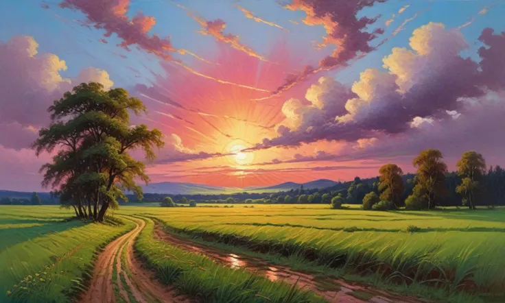 astonishing superb masterpiece landscape depicting verdant field fringed with woods, glowing with evening light under rubicund satisfied pinkish hued nightfall clouds and deeply romantic glowing sunset, coarse brushwork, emotive impressionism intense speed painting, knife painting, coarse dramatic brushwork