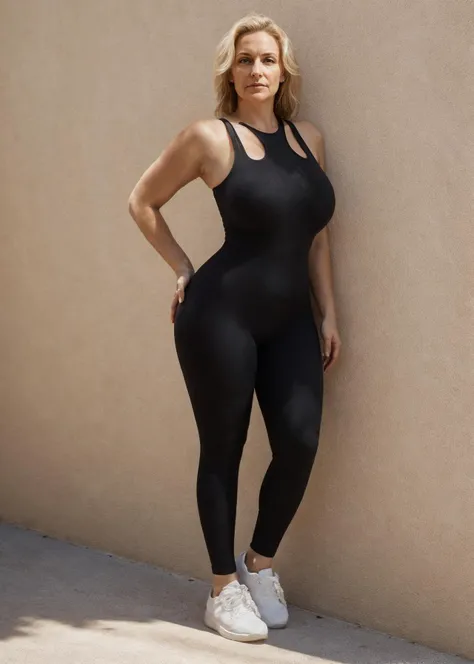 <lora:epi_noiseoffset2, dark studio, rim lighting, two tone lighting:0.3> (full body shot, rim lighting),
45 years old, solo, blonde hair, female focus, Inquisitive gaze, looking at viewer, standing, posing for photo,
<lora:0177 Waist cutout yoga jumpsuit_v1:0.8> bodysuit, black jumpsuit,
<lora:age_slider_v1:-0.5>
<lora:bbw:0.5> bbw, sagging breasts, large breasts, texture
<lora:weight_slider_v2:0.5>
<lora:ReaLora:0.45>
<lora:epiCRealismHelper:0.4>
<lora:detail_slider_v4:0.5>
realism,