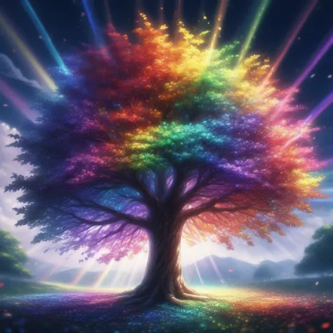 A rainbow tree, anime style, tree in focus