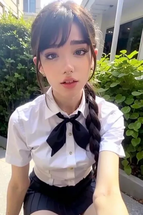 1girl, (short-sleeved JK_shirt),JK_style,(dark blue JK_skirt) ,(bow JK_tie), Brown eyes ,FACE,  makeup,red lips, eyeshadow, <lora:gore_jf-000008:0.9> <lora:koreanDollLikeness_v15:0.1>