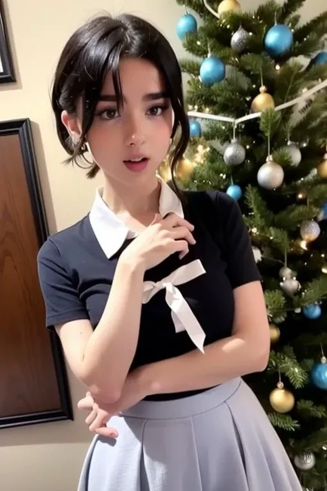 1girl, (short-sleeved JK_shirt),JK_style,(dark blue JK_skirt) ,(bow JK_tie), Brown eyes ,FACE, makeup,red lips, eyeshadow, <lora:gore_jf-000002:0.9> <lora:koreanDollLikeness_v15:0.1>