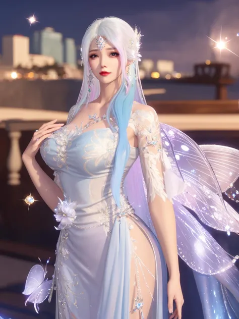 1girl, mature female,long dress, cityscape, looking at viewer,hair ornament,jewelry, <lora:NSHqinheshimeng_20230725131239:0.75>,multicolored hair, sparkle, earrings,white blue hair, fairy,forehead jewel,cowboy shot,