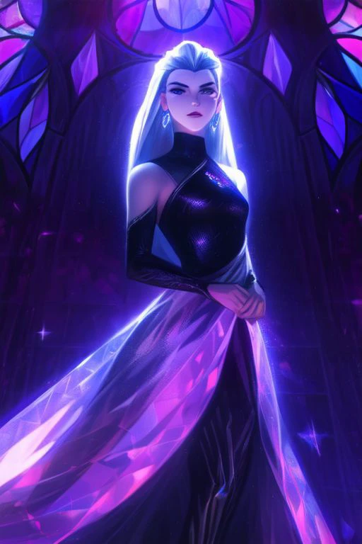 (sharpness 1.4),(highest quality),(((masterpiece))),(((perfect face))),1 girl, female goddess, godlike, long white hair, straight hair, slicked back hair, pale skin, purple eyes, seductive looking girl, evil looking girl, wearing silver breastplate over a purple dress, ((wearing amethyst jewelry)), small breasts, glowing purple lights, background 1 large stain glass window, ((no shoulder armor)), crystals, wearing crystals, crystal dress, camera waist up, facing camera, portrait, slim dress, glowing purple, background glowing purple, purple lighting, sam yang