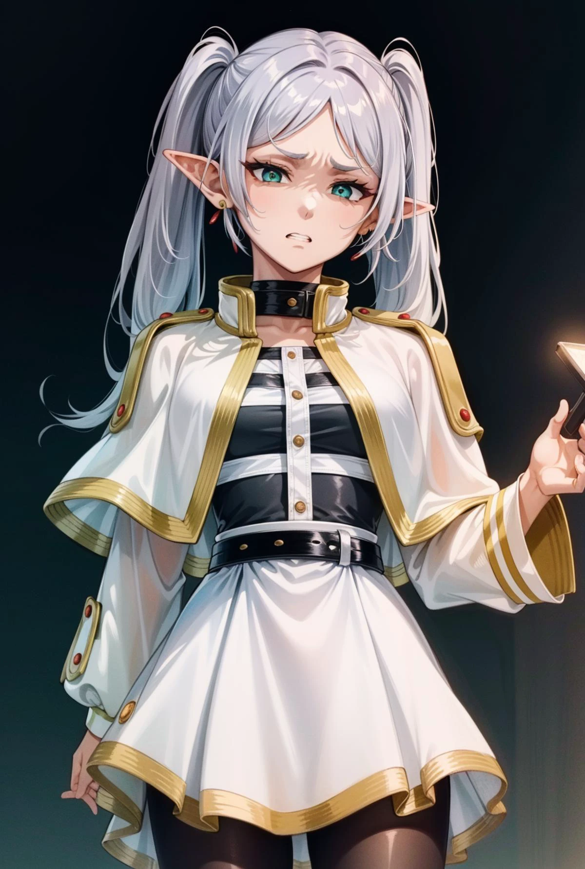 mikudashigao,disgust, angry, emotionless, annoyed, clenched teeth, frowns, constricted pupils, shaded face,<lora:ÐÑÑажение лиÑа оÑвÑаÑениÑ;гнева;ÑаздÑажениÑ;Ñ
мÑÑоÑÑи(mikudashigao(disgust, angry, emotionless, annoyed, clenched teeth, frowns, constricted pupils, shaded face):1>, <lora:ФÑиÑен пÑовожаÑÑÐ°Ñ Ð² пÑоледний пÑÑÑ(Frieren, twintails, earrings(Ñм одеждÑ):0.75>FrierenBase, twintails, earrings,(White hair), white capelet, (striped shirt,black stripes), white skirt, long sleeves, belt, black pantyhose, 1girl in full growth, best quality, masterpiece, ultra-detailed, high quality, perfect nose, highly detailed skin, warm skin tone, defiance512, RAW photo, best quality, high resolution, (masterpiece), dreamlike, dreamy, modelshoot style, analog style, tonemapping, photorealistic, professional photography, sharp focus, HDR, 8K resolution, intricate detail, sophisticated detail, hyper detailed, (depth of field), highlight and shadow, volumetric lighting, cinematic bloom, professional light, looking at viewer, blotchy,