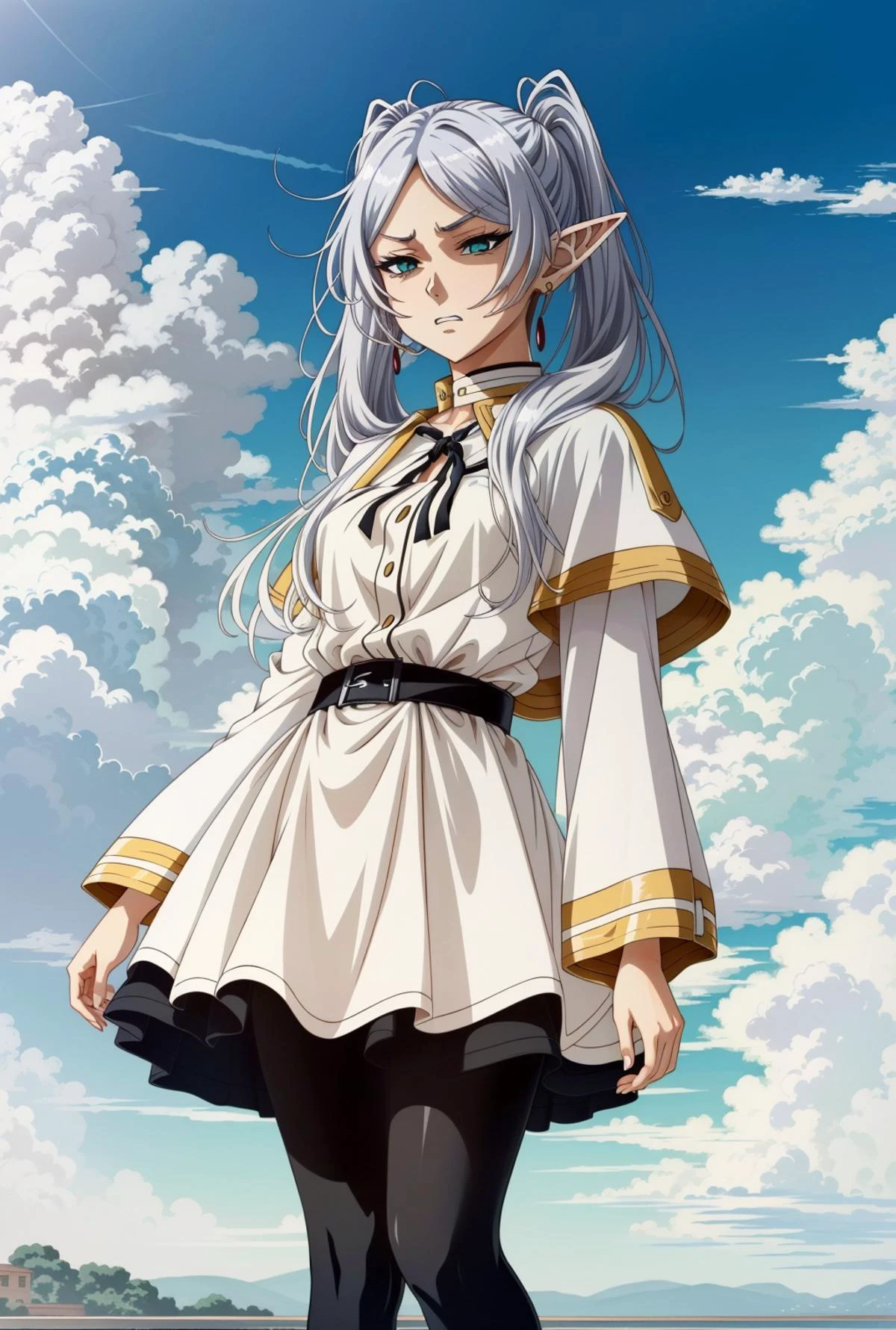 mikudashigao,disgust, angry, emotionless, annoyed, clenched teeth, frowns, constricted pupils, shaded face,<lora:ÐÑÑажение лиÑа оÑвÑаÑениÑ;гнева;ÑаздÑажениÑ;Ñ
мÑÑоÑÑи(mikudashigao(disgust, angry, emotionless, annoyed, clenched teeth, frowns, constricted pupils, shaded face):0.9>, <lora:ФÑиÑен пÑовожаÑÑÐ°Ñ Ð² пÑоледний пÑÑÑ(Frieren, twintails, earrings(Ñм одеждÑ):0.75>FrierenBase, twintails, earrings, white capelet, (striped shirt,black stripes), white skirt, long sleeves, belt, black pantyhose, anime style, anime colors,detailed anime,animeHD, anime eyes, bigger eyes, high quality anime, large anime pupils, 1girl in full growth, best quality, masterpiece, ultra-detailed, high quality,perfect anatomy, perfect full body, (detailed full body), good eyes, perfect face, pretty face