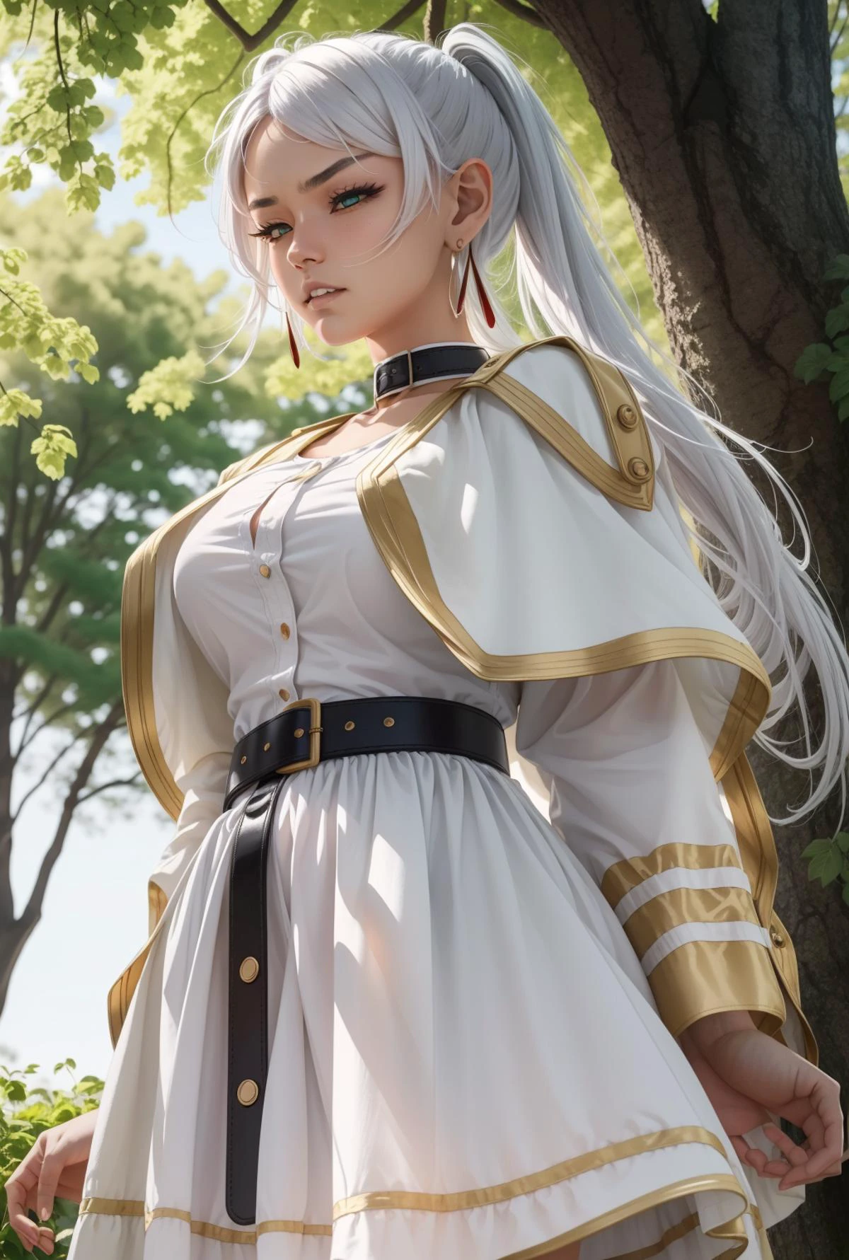 mikudashigao,disgust, angry, emotionless, annoyed, clenched teeth, frowns, constricted pupils, shaded face,<lora:ÐÑÑажение лиÑа оÑвÑаÑениÑ;гнева;ÑаздÑажениÑ;Ñ
мÑÑоÑÑи(mikudashigao(disgust, angry, emotionless, annoyed, clenched teeth, frowns, constricted pupils, shaded face):1>, <lora:ФÑиÑен пÑовожаÑÑÐ°Ñ Ð² пÑоледний пÑÑÑ(Frieren, twintails, earrings(Ñм одеждÑ):0.75>FrierenBase, twintails, earrings,(White hair), white capelet, (striped shirt,black stripes), white skirt, long sleeves, belt, black pantyhose, 1girl in full growth, best quality, masterpiece, ultra-detailed, high quality, perfect nose, highly detailed skin, warm skin tone, defiance512, RAW photo, best quality, high resolution, (masterpiece), dreamlike, dreamy, modelshoot style, analog style, tonemapping, photorealistic, professional photography, sharp focus, HDR, 8K resolution, intricate detail, sophisticated detail, hyper detailed, (depth of field), highlight and shadow, volumetric lighting, cinematic bloom, professional light, looking at viewer, blotchy,