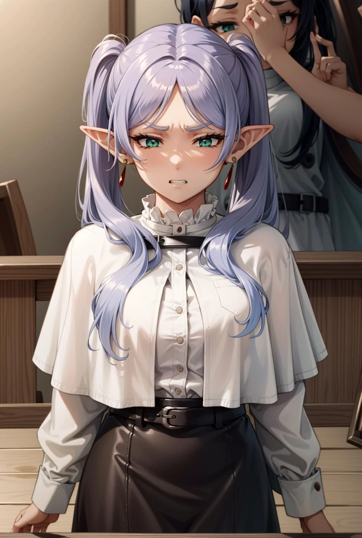 mikudashigao,disgust, angry, emotionless, annoyed, clenched teeth, frowns, constricted pupils, shaded face,<lora:ÐÑÑажение лиÑа оÑвÑаÑениÑ;гнева;ÑаздÑажениÑ;Ñ
мÑÑоÑÑи(mikudashigao(disgust, angry, emotionless, annoyed, clenched teeth, frowns, constricted pupils, shaded face):0.9>, <lora:ФÑиÑен пÑовожаÑÑÐ°Ñ Ð² пÑоледний пÑÑÑ(Frieren, twintails, earrings(Ñм одеждÑ):0.75>FrierenBase, twintails, earrings, white capelet, (striped shirt,black stripes), white skirt, long sleeves, belt, black pantyhose, 1girl in full growth, best quality, masterpiece, ultra-detailed, high quality, perfect nose, highly detailed skin, warm skin tone, defiance512, RAW photo, best quality, high resolution, (masterpiece), dreamlike, dreamy, modelshoot style, analog style, tonemapping, photorealistic, professional photography, sharp focus, HDR, 8K resolution, intricate detail, sophisticated detail, hyper detailed, (depth of field), highlight and shadow, volumetric lighting, cinematic bloom, professional light, looking at viewer, blotchy,