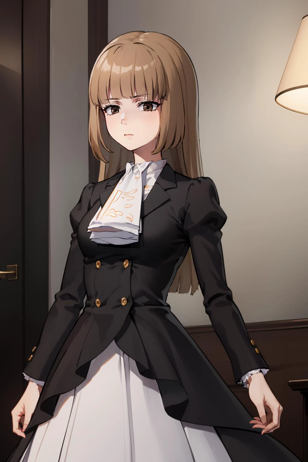 masterpiece,high quality,highres,1girl,solo,<lora:disgusted-face-wasabiya:1>,mikudashigao,<lora:umi_rosa:1>,umirosa,blunt bangs,brown eyes,hime cut,ascot,dress,disappointed,looking at viewer,