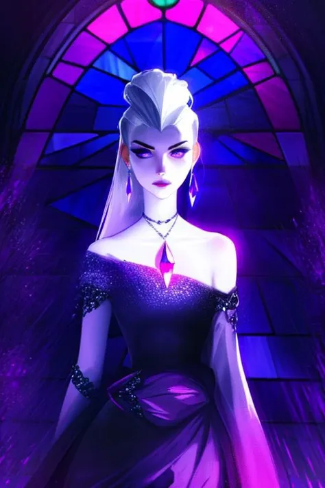 (sharpness 1.4),(highest quality),(((masterpiece))),(((perfect face))),1 girl, female goddess, godlike, long white hair, straight hair, slicked back hair, pale skin, purple eyes, seductive looking girl, evil looking girl, wearing silver breastplate over a purple dress, ((wearing amethyst jewelry)), small breasts, glowing purple lights, background 1 large stain glass window, ((no shoulder armor)), crystals, wearing crystals, crystal dress, camera waist up, facing camera, portrait, slim dress, glowing purple, background glowing purple, purple lighting, sam yang