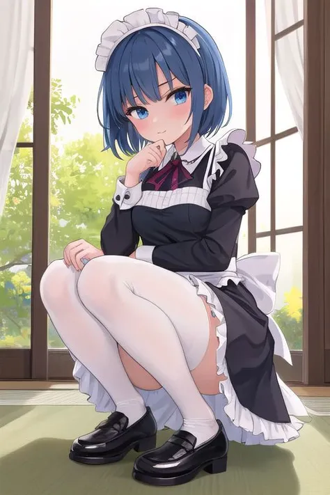 anime, girl, dark blue hair, short hair, maid uniform, wihite tights, shoes, mikudashigao