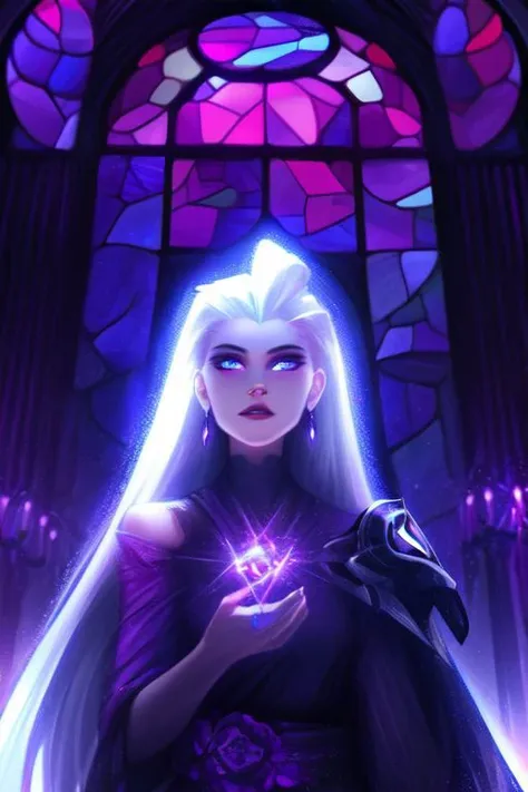 (sharpness 1.4),(highest quality),(((masterpiece))),(((perfect face))),1 girl, female goddess, godlike, long white hair, straight hair, slicked back hair, pale skin, purple eyes, seductive looking girl, evil looking girl, wearing silver breastplate over a purple dress, ((wearing amethyst jewelry)), small breasts, glowing purple lights, background 1 large stain glass window, ((no shoulder armor)), crystals, wearing crystals, crystal dress, camera waist up, facing camera, portrait, slim dress, glowing purple, background glowing purple, purple lighting, sam yang