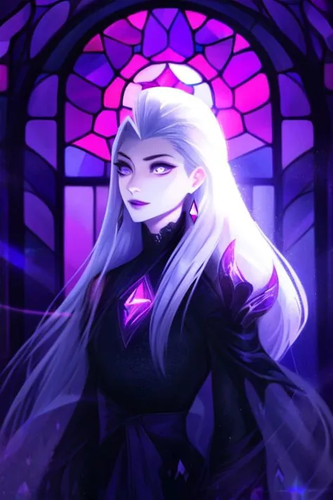 (sharpness 1.4),(highest quality),(((masterpiece))),(((perfect face))),1 girl, female goddess, godlike, long white hair, straight hair, slicked back hair, pale skin, purple eyes, seductive looking girl, evil looking girl, wearing silver breastplate over a purple dress, ((wearing amethyst jewelry)), small breasts, glowing purple lights, background 1 large stain glass window, ((no shoulder armor)), crystals, wearing crystals, crystal dress, camera waist up, facing camera, portrait, slim dress, glowing purple, background glowing purple, purple lighting, sam yang