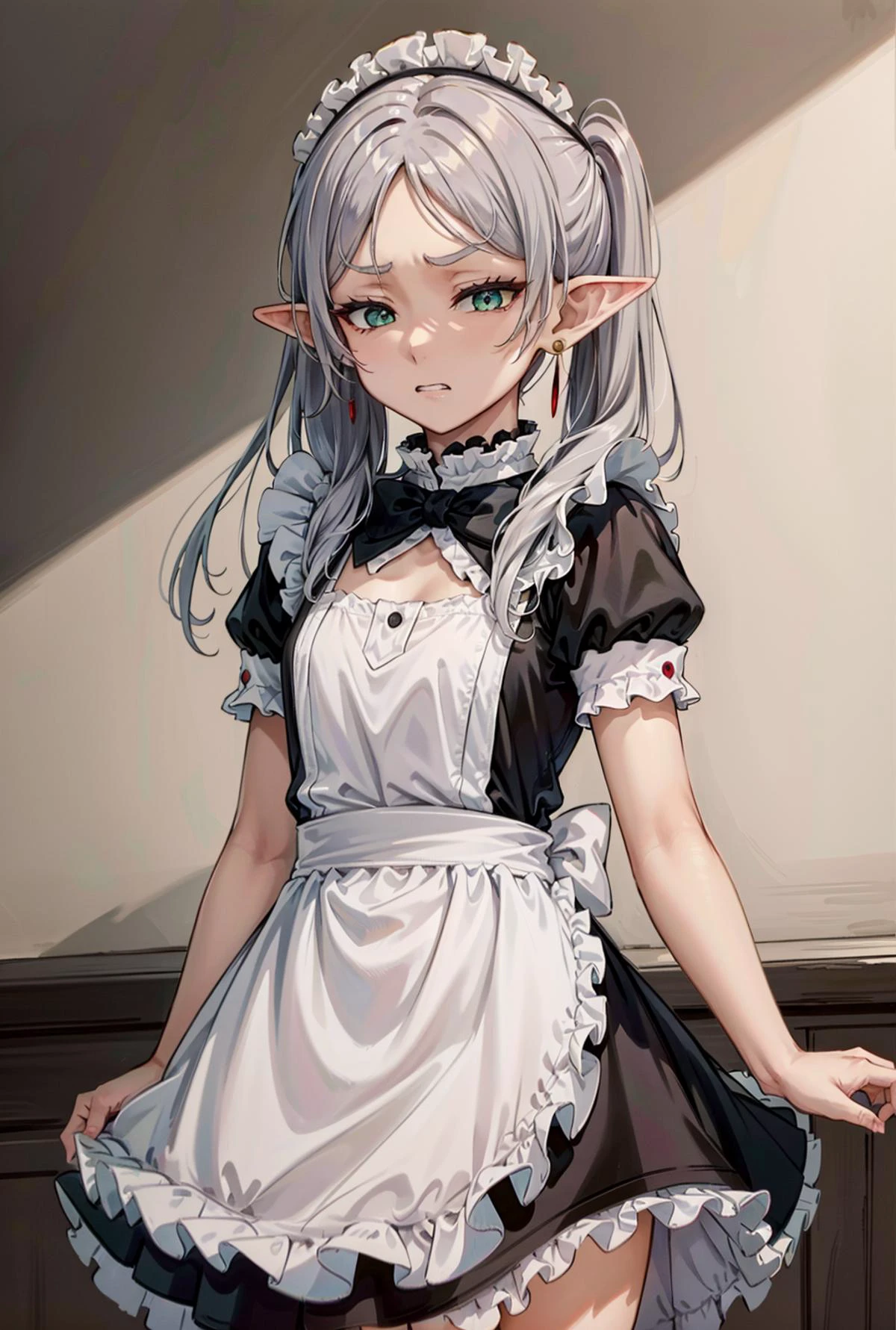 mikudashigao,disgust, disgust, angry, emotionless, annoyed, clenched teeth, frowns, constricted pupils, shaded face,<lora:ÐÑÑажение лиÑа оÑвÑаÑениÑ;гнева;ÑаздÑажениÑ;Ñ
мÑÑоÑÑи(mikudashigao(disgust, angry, emotionless, annoyed, clenched teeth, frowns, constricted pupils, shaded face):1>, <lora:ФÑиÑен пÑовожаÑÑÐ°Ñ Ð² пÑоледний пÑÑÑ(Frieren, twintails, earrings(Ñм одеждÑ):0.75>FrierenBase, twintails, earrings,(White hair),small chest, flat,maid cosplay, maid, maid outplay,maid's cap, <lora:ÐлаÑÑе гоÑниÑной ÑекÑи(wearing sexy maid dress):0.5>, wearing sexy maid dress, 1girl in full growth, best quality, masterpiece, ultra-detailed, high quality, perfect nose, highly detailed skin, warm skin tone, defiance512, RAW photo, best quality, high resolution, (masterpiece), dreamlike, dreamy, modelshoot style, analog style, tonemapping, photorealistic, professional photography, sharp focus, HDR, 8K resolution, intricate detail, sophisticated detail, hyper detailed, (depth of field), highlight and shadow, volumetric lighting, cinematic bloom, professional light, looking at viewer, blotchy,