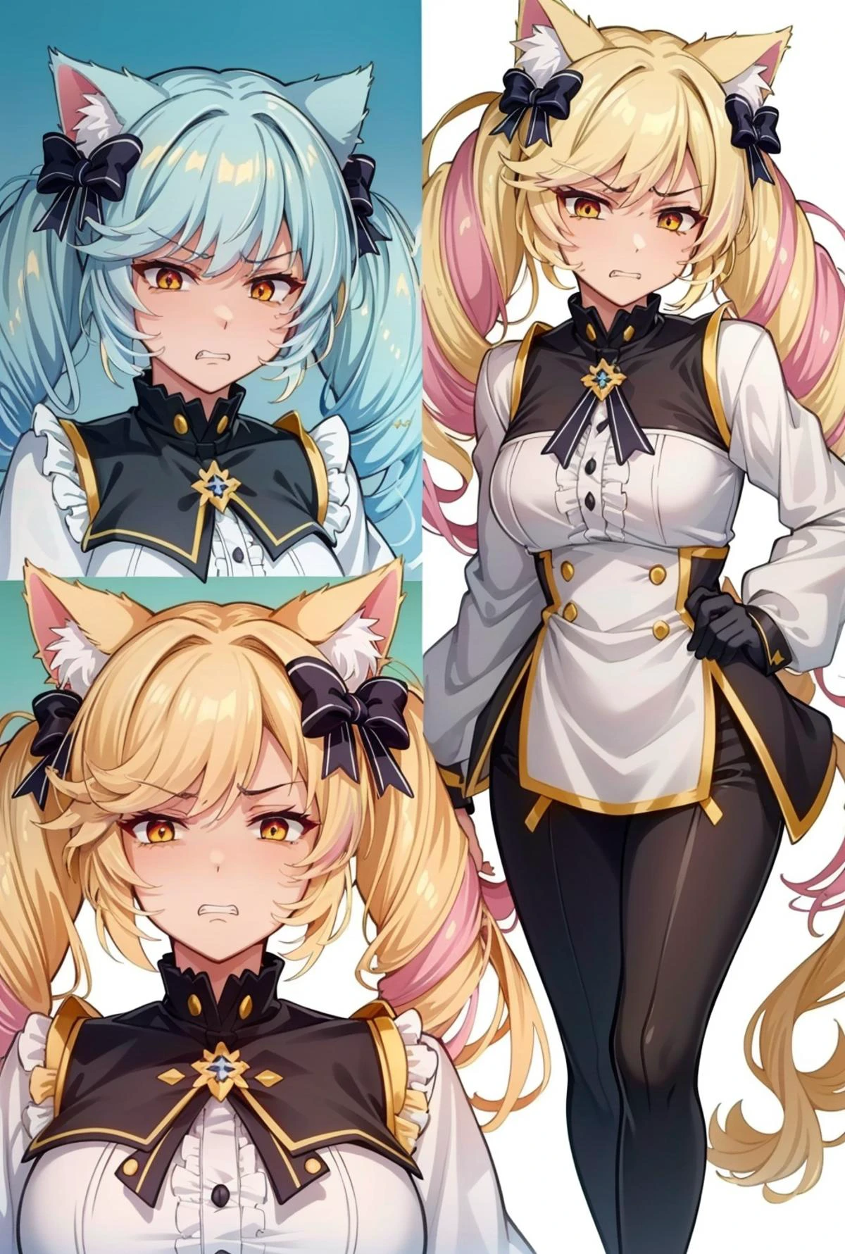 mikudashigao,disgust, disgust, angry, emotionless, annoyed, clenched teeth, frowns, constricted pupils, shaded face,<lora:ÐÑÑажение лиÑа оÑвÑаÑениÑ;гнева;ÑаздÑажениÑ;Ñ
мÑÑоÑÑи(mikudashigao(disgust, angry, emotionless, annoyed, clenched teeth, frowns, constricted pupils, shaded face):1>, <lora:ÐоÑка-девоÑка из Ñок ÑоÑ(Himeko, very long hair, red eyes, hair bow, twin_drills, twintails, long hair,cat ears, yellow cat ears,):0.7>,бHimeko, very long hair, red eyes, hair bow, twin_drills, twintails, long hair,cat ears, yellow cat ears, (((masterpiece))), (((best quality))), (((illustration))), (((finely detail))), ((extremely detailed cg unity 8k wallpaper, highres)), (beautiful detailed face and eyes and hair:1.1), (an extremely delicate and beautiful girl:1.2), ultra-detailed, ultra high res, high quality, 4K, extreamly delicate and beautiful, full_body, standing, in full growth, hourglass waist