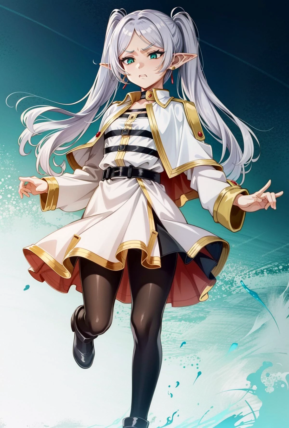 mikudashigao,disgust, angry, emotionless, annoyed, clenched teeth, frowns, constricted pupils, shaded face,<lora:ÐÑÑажение лиÑа оÑвÑаÑениÑ;гнева;ÑаздÑажениÑ;Ñ
мÑÑоÑÑи(mikudashigao(disgust, angry, emotionless, annoyed, clenched teeth, frowns, constricted pupils, shaded face):0.9>, <lora:ФÑиÑен пÑовожаÑÑÐ°Ñ Ð² пÑоледний пÑÑÑ(Frieren, twintails, earrings(Ñм одеждÑ):0.75>FrierenBase, twintails, earrings, white capelet, (striped shirt,black stripes), white skirt, long sleeves, belt, black pantyhose, anime style, anime colors,detailed anime,animeHD, anime eyes, bigger eyes, high quality anime, large anime pupils, 1girl in full growth, best quality, masterpiece, ultra-detailed, high quality,perfect anatomy, perfect full body, (detailed full body), good eyes, perfect face, pretty face
