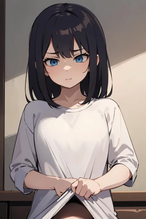 masterpiece,high quality,highres,1girl,solo,<lora:disgusted-face-wasabiya:1>,mikudashigao,<lora:clothestug-wasabiya:1>,shtug,from below,expressionless,disgust,white shirt,shirt pull,narrowed eyes,