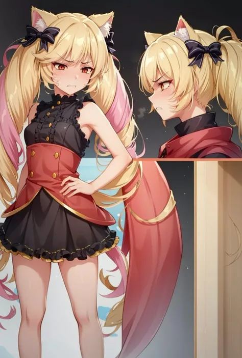 mikudashigao,disgust, disgust, angry, emotionless, annoyed, clenched teeth, frowns, constricted pupils, shaded face,<lora:ÐÑÑажение лиÑа оÑвÑаÑениÑ;гнева;ÑаздÑажениÑ;Ñ
мÑÑоÑÑи(mikudashigao(disgust, angry, emotionless, annoyed, clenched teeth, frowns, constricted pupils, shaded face):1>, <lora:ÐоÑка-девоÑка из Ñок ÑоÑ(Himeko, very long hair, red eyes, hair bow, twin_drills, twintails, long hair,cat ears, yellow cat ears,):0.7>,бHimeko, very long hair, red eyes, hair bow, twin_drills, twintails, long hair,cat ears, yellow cat ears, (((masterpiece))), (((best quality))), (((illustration))), (((finely detail))), ((extremely detailed cg unity 8k wallpaper, highres)), (beautiful detailed face and eyes and hair:1.1), (an extremely delicate and beautiful girl:1.2), ultra-detailed, ultra high res, high quality, 4K, extreamly delicate and beautiful, full_body, standing, in full growth, hourglass waist