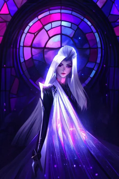 (sharpness 1.4),(highest quality),(((masterpiece))),(((perfect face))),1 girl, female goddess, godlike, long white hair, straight hair, slicked back hair, pale skin, purple eyes, seductive looking girl, evil looking girl, wearing silver breastplate over a purple dress, ((wearing amethyst jewelry)), small breasts, glowing purple lights, background 1 large stain glass window, ((no shoulder armor)), crystals, wearing crystals, crystal dress, camera waist up, facing camera, portrait, slim dress, glowing purple, background glowing purple, purple lighting, sam yang