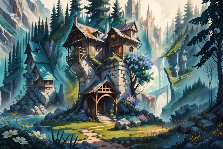 miaobishenghua,house,stone,flower,garden,forest <lora:miaobishenghuav2:1> <lora:gachaSplashLORA_gachaSplashWideShot:1>