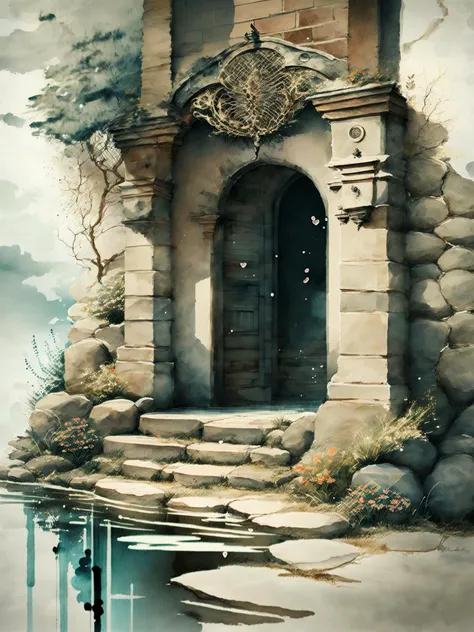 miaobishenghua  , [(white background:1.5)::5], 1 girl, mid shot, full body, butterflies, flowers,floating petal,stone fragment, beautiful detailed water,cloud,sun,dusk,sunset,beautiful detailed gate, <lora:miaobishenghuav1:2>