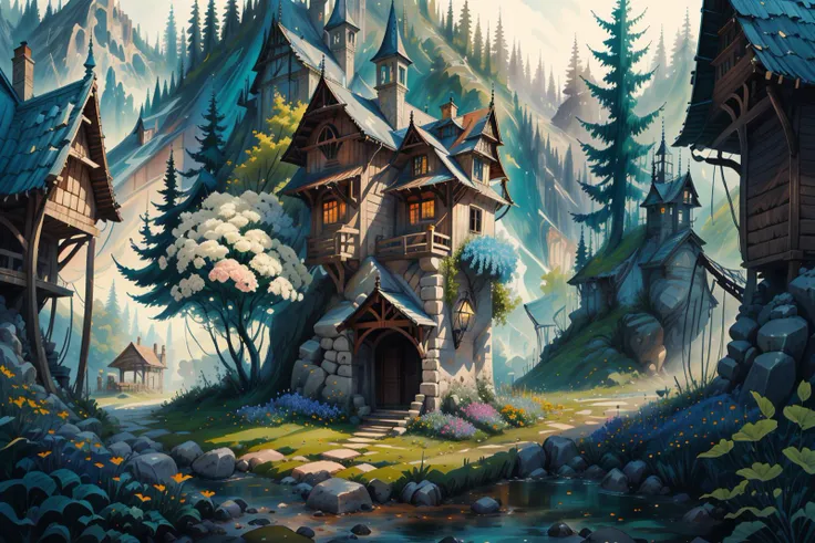 miaobishenghua,house,stone,flower,garden,forest <lora:miaobishenghuav2:1> <lora:gachaSplashLORA_gachaSplashWideShot:1>