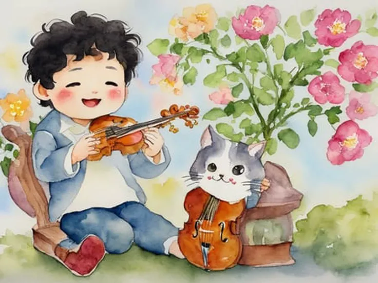 miaobishenghua  , [(white background:1.5)::5], Cute and happy little Beethoven celebrating the arrival of spring, watercolor and ink illustration in the style of Studio Ghibli <lora:miaobishenghuav1:0.2>