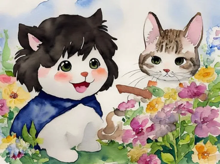 miaobishenghua  , [(white background:1.5)::5], Cute and happy little Beethoven celebrating the arrival of spring, watercolor and ink illustration in the style of Studio Ghibli <lora:miaobishenghuav1:numbers>