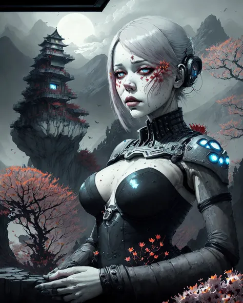 deep brown eyes, tide, (dusk), mountain in distance, emergency exit, magical atmosphere, ((body)), by artgerm and greg rutkowski, (masterpiece), solo, thick outlines, (masterpiece:1.2, masterpiece:1), background, professional majestic oil painting, futuristic vibe, (tangle), relaxation, Jeremy Mann, (symmetrical mouth), highly detailed, ray trace, portal fantasy, sci-fi, physically-based rendering, high quality, bridge, cowboy shot, (((medieval)), best quality), a sandstorm incoming and a few rocks in the foreground and a few mountains in the background, soft lighting, stars, realistic, high saturation and smoothness, gambler, arch bridges, Atey Ghailan, garden, digital, ash blonde hair, escape, (dark night), home, picturesque scenery is worth exploring, tokyo futuristic look, sea, castle, High Saturation, soft edge lighting, retouched, masked face, wildlife in background, (hazel:1.2, detailed cloudscape:1.3), a portrait of a robotic female with artificial limbs, beautiful, infinite, outdoors, ultra detailed, 8k, you find yourself standing on a desolate, sunshine, mole under the left eye, Russ Mills, Singaporean architecture, radiosity, night, headphones, adventurous, lace, (official art, sharp focus:1.2), High contrast, (photorealistic:1.2, (ultra-detailed)), gazing at the viewer with a slight tilt of her head, glass bowl, machinery, ((by sui ishida, crimson flowers floating:1.5)), soft light, <lora:miaobishenghua_v10:0.6>, organic shapes, stamina, chiaroscuro, Sharp Eyeliner, wide sleeves, (muted colors:1.2), messy, barefoot, shading, complex background, hyperdetailed, adaptability, dramatic lighting, Photorealistic, anti-aliasing