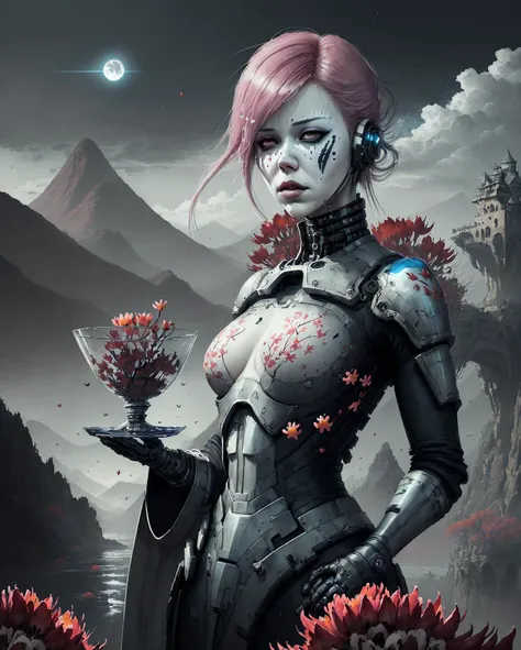 deep silver eyes, tide, (dusk), mountain in distance, emergency exit, magical atmosphere, ((body)), by artgerm and greg rutkowski, (masterpiece), solo, thick outlines, (masterpiece:1.2, masterpiece:1), background, professional majestic oil painting, futuristic vibe, (tangle), relaxation, Jeremy Mann, (symmetrical mouth), highly detailed, ray trace, portal fantasy, sci-fi, physically-based rendering, high quality, bridge, cowboy shot, (((medieval)), best quality), a sandstorm incoming and a few rocks in the foreground and a few mountains in the background, soft lighting, stars, realistic, high saturation and smoothness, gambler, arch bridges, Atey Ghailan, garden, digital, strawberry blonde hair, escape, (dark night), home, picturesque scenery is worth exploring, tokyo futuristic look, sea, castle, High Saturation, soft edge lighting, retouched, masked face, wildlife in background, (vermilion:1.2, detailed cloudscape:1.3), a portrait of a robotic female with artificial limbs, beautiful, infinite, outdoors, ultra detailed, 8k, you find yourself standing on a desolate, sunshine, mole under the left eye, Russ Mills, Burkinan architecture, radiosity, night, headphones, adventurous, lace, (official art, sharp focus:1.2), High contrast, (photorealistic:1.2, (ultra-detailed)), gazing at the viewer with a slight tilt of her head, glass bowl, machinery, ((by sui ishida, crimson flowers floating:1.5)), soft light, <lora:miaobishenghua_v10:0.6>, organic shapes, stamina, chiaroscuro, Sharp Eyeliner, wide sleeves, (muted colors:1.2), messy, barefoot, shading, complex background, hyperdetailed, adaptability, dramatic lighting, Photorealistic, anti-aliasing