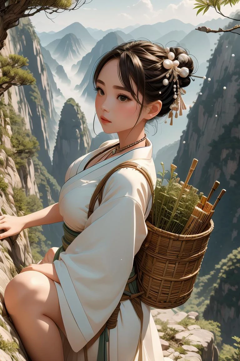 (masterpiece, best quality), 1girl, Dijon Low Braided Bun with Pearl Pins, Size D breasts, <lora:girllikeclimbmountain:1> climb mountain, herb on basket backpack, hairpin, necklace, hanfu, tree, cliff, hillside