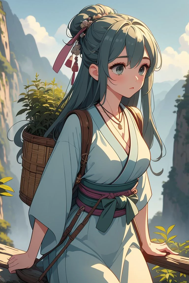 (masterpiece, best quality), 1girl, Sky Loose Curls with a Hair Accessory, Size B breasts, <lora:girllikeclimbmountain:1> climb mountain, herb on basket backpack, hairpin, necklace, hanfu, tree, cliff, hillside