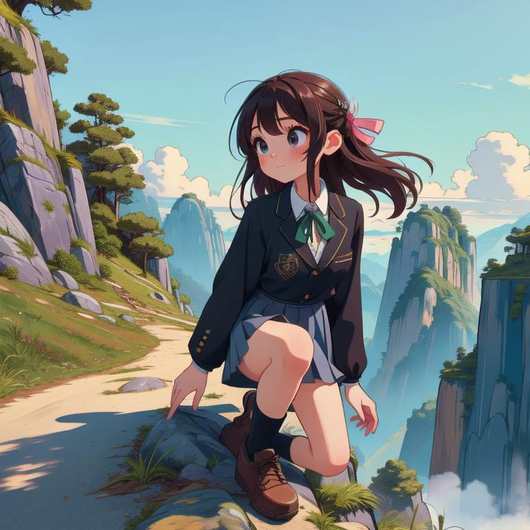 (masterpiece, best quality, detailed:1.5), 1girl, solo, carmine theme, <lora:Black_White_School_Dress_By_Stable_Yogi:0.8> school uniform, black jacket, long sleeves, collared shirt, white shirt, neck ribbon, grey skirt, black socks, footwear, <lora:girllikeclimbmountain:0.8> climb mountain, hairpin, necklace, tree, cliff, hillside