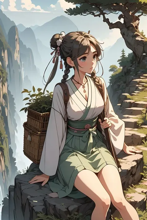 (masterpiece, best quality), 1girl, Toffee Double French Braids, Size F breasts,  <lora:girllikeclimbmountain:1> climb mountain, herb on basket backpack, hairpin, necklace, hanfu, tree, cliff, hillside