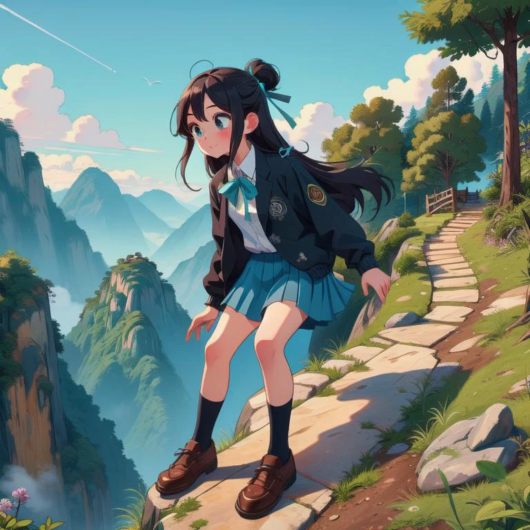 (masterpiece, best quality, detailed:1.5), 1girl, solo, cyan theme, <lora:Black_White_School_Dress_By_Stable_Yogi:0.8> school uniform, black jacket, long sleeves, collared shirt, white shirt, neck ribbon, grey skirt, black socks, footwear, <lora:girllikeclimbmountain:0.8> climb mountain, hairpin, necklace, tree, cliff, hillside