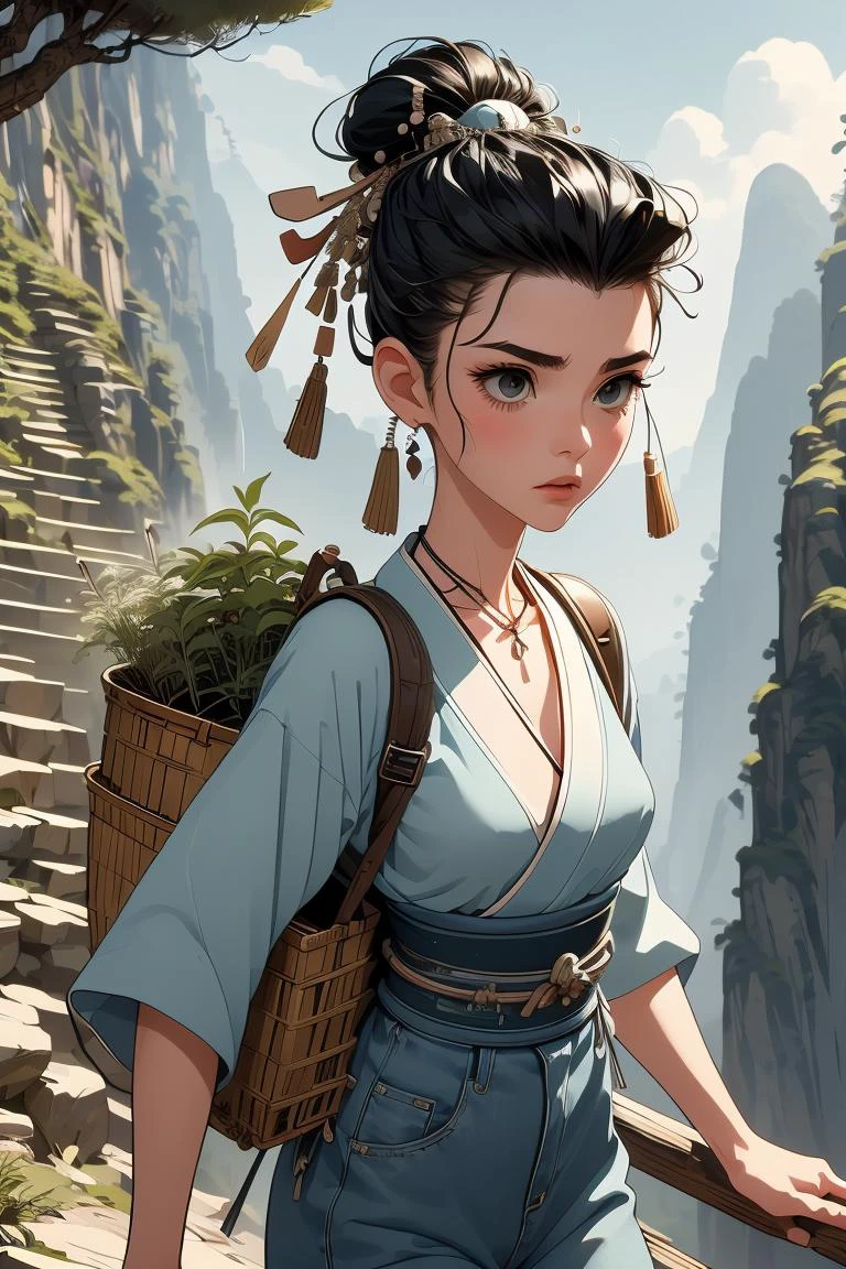 (masterpiece, best quality), 1girl, Denim Classic Pompadour with Tapered Sides, small breasts, <lora:girllikeclimbmountain:1> climb mountain, herb on basket backpack, hairpin, necklace, hanfu, tree, cliff, hillside