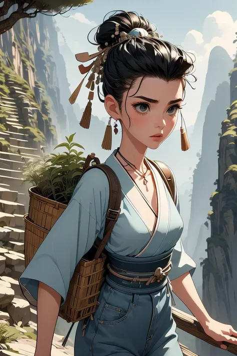 (masterpiece, best quality), 1girl, Denim Classic Pompadour with Tapered Sides, small breasts,  <lora:girllikeclimbmountain:1> climb mountain, herb on basket backpack, hairpin, necklace, hanfu, tree, cliff, hillside