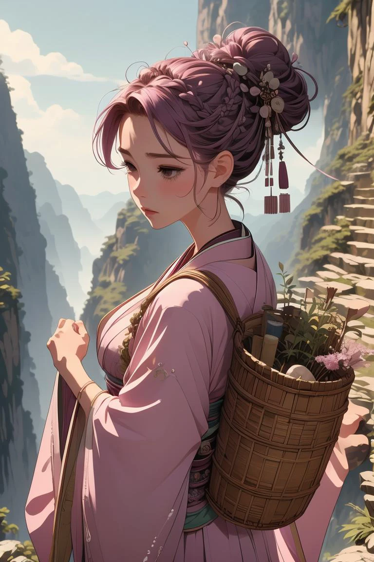 (masterpiece, best quality), 1girl, Mauve pink Crown Braid Updo with Gem Accessories, medium breasts, <lora:girllikeclimbmountain:1> climb mountain, herb on basket backpack, hairpin, necklace, hanfu, tree, cliff, hillside