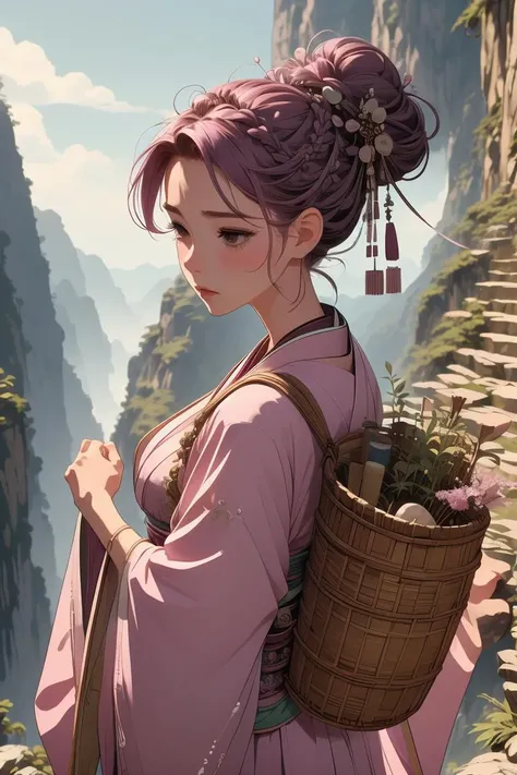 (masterpiece, best quality), 1girl, Mauve pink Crown Braid Updo with Gem Accessories, medium breasts,  <lora:girllikeclimbmountain:1> climb mountain, herb on basket backpack, hairpin, necklace, hanfu, tree, cliff, hillside