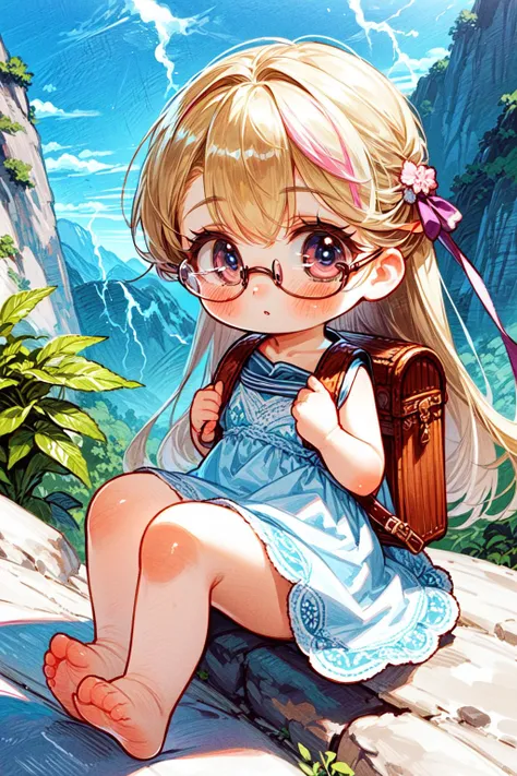 <lora:jyoji fuku v4:0.4>, ((jyoni fuku, cute dress)):1.24, 
BREAK 1woman, adorable, clear face, solo, (chibi), ((full body)):1.33, ((a woman wear a clear glasses, detailed glasses)):1.2, 
BREAK perfect(anatomy,body,face,hand,leg,foot,fingers), ((multicolor blonde pink hairs, very long hairs):1.23, cleavage), 
BREAK soft light, light on face, cinematic lighting, dynamic(angle, elegant posture), detailed(shadow, lightning), 
BREAK beautiful detailed woman, glossy pink lips, ((milky skin, shiny skin)), makeup, blush,eyeliner, eyeshadow, eyelashes, textured skin, collarbone, perfect skin, 
BREAK <lora:more_details:0.73>, extremely detailed, CG, finely detail, (masterpiece, best quality):2.0, (intricate details, depth of field), 
BREAK <lora:uber_saggy2:0.67>, saggy, sagging_breasts, ((medium breasts)), 
<lora:girl like climb mountain:0.65>, detailed mountain, countryside, herb, tree, ((climb mountain, herb on basket backpack)), hairpin, cliff, hillside,